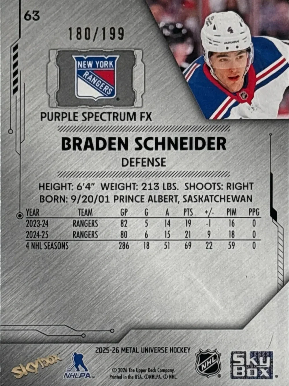 Skybox Purple Foil Braden Schneider Hockey Trading Card - Rangers LE 180/199